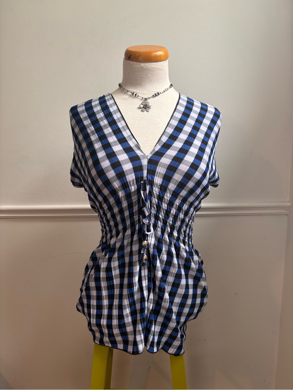 Blue Plaid V-Neck Smocked Waist Tie-Front Blouse